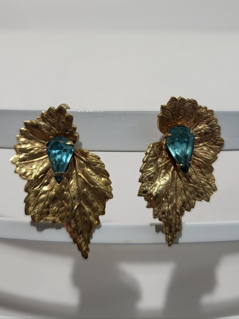 Vintage Scitarelli Gold Leaf Drop Earrings with Teal Crystal